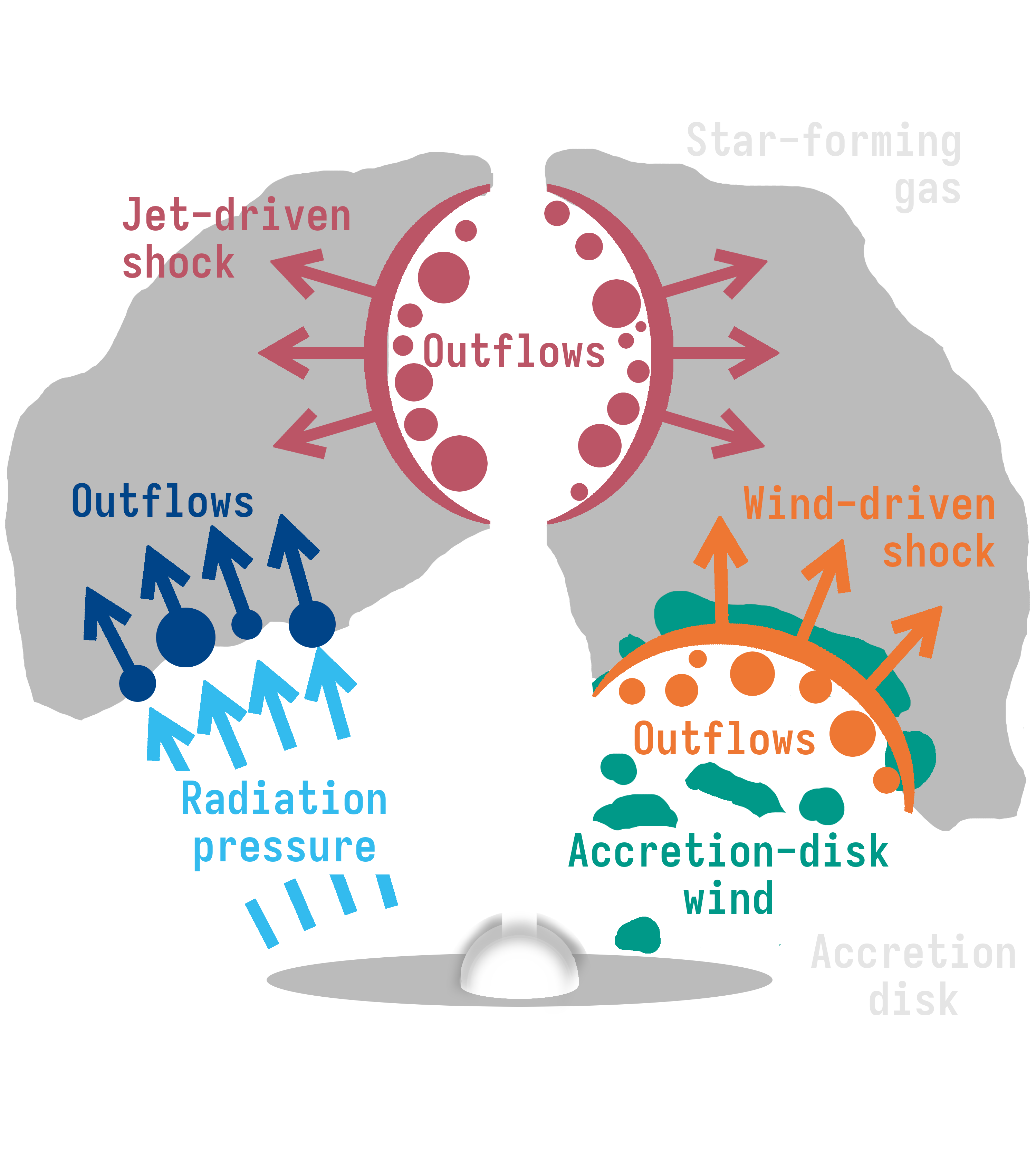 A schematic of an active galactic nucleus (AGN) launching gas outflows via two mechanisms: radiation pressure from its bright accretion disk and shocks driven into ambient gas by its plasma jet or accretion-disk winds. Image credit: Luke R. Holden
